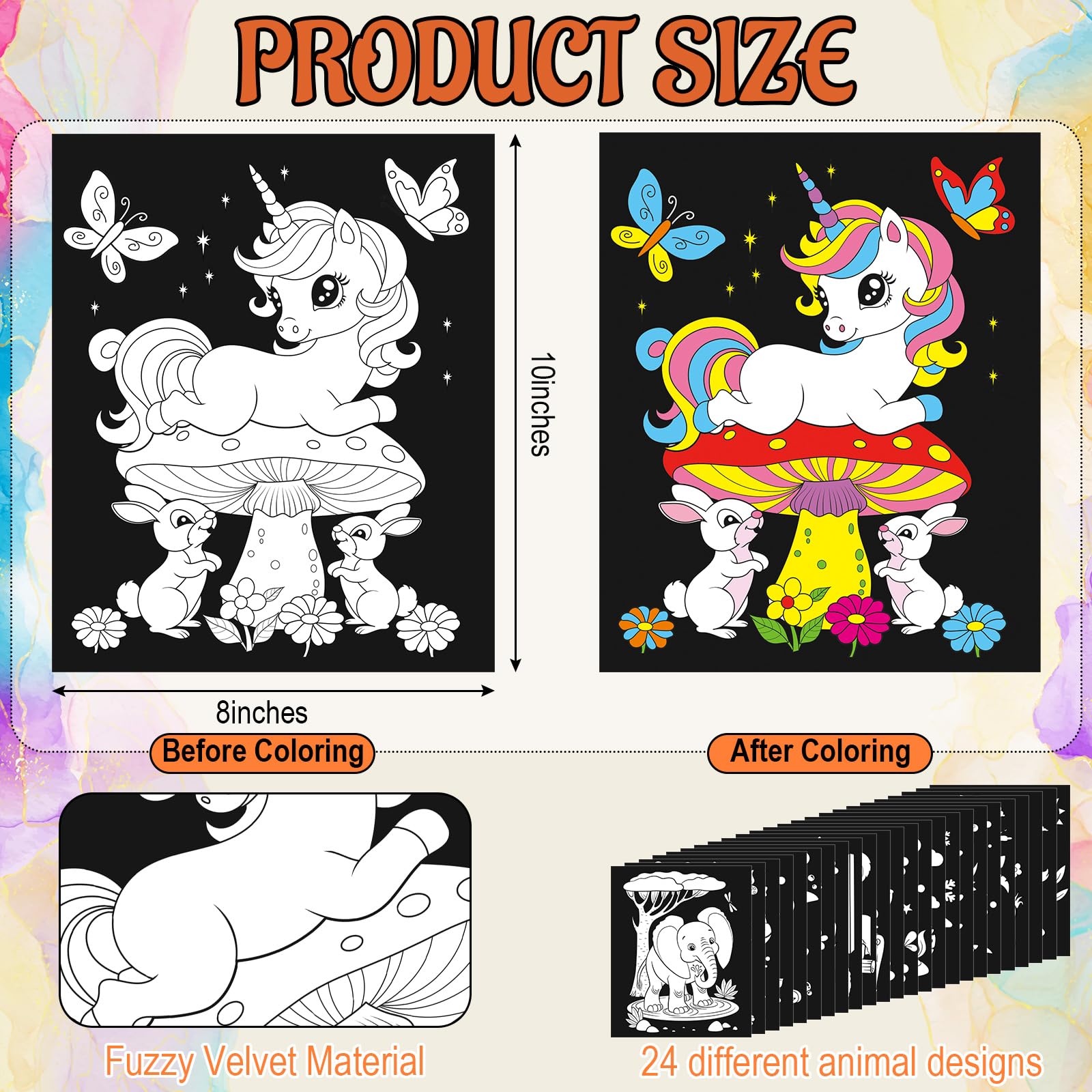 24-Pack Zhanmai Velvet Coloring Posters – Animal Themes, 8x10 Inches, Bulk Set for Kids' Crafts and Party Activities