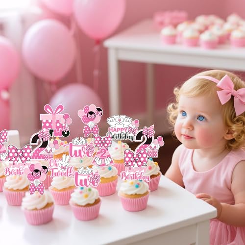 24-Piece Pink & White Mouse Cupcake Toppers for 2nd Birthday Party - iPartyGo