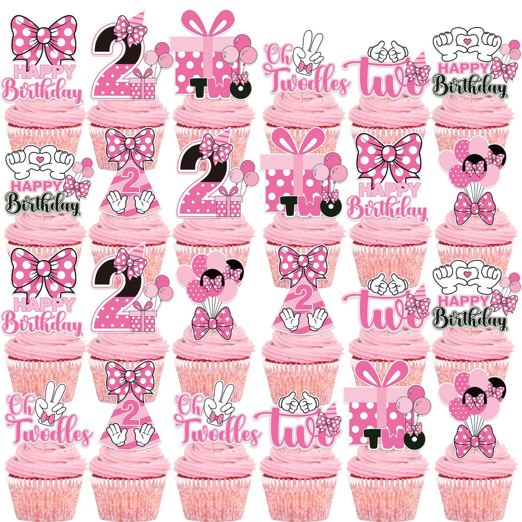 24-Piece Pink & White Mouse Cupcake Toppers for 2nd Birthday Party - iPartyGo