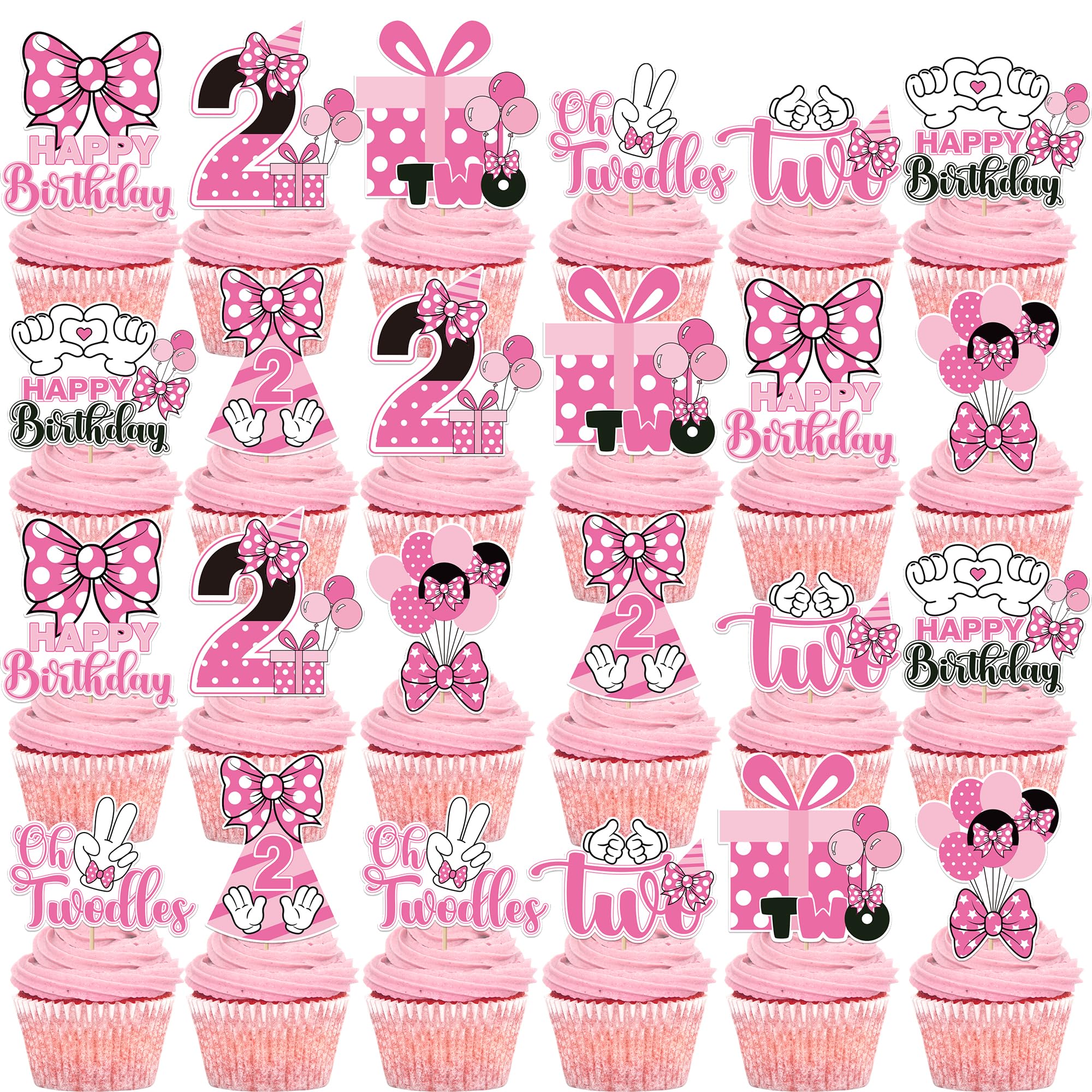 24-Piece Pink & White Mouse Cupcake Toppers for 2nd Birthday Party - iPartyGo