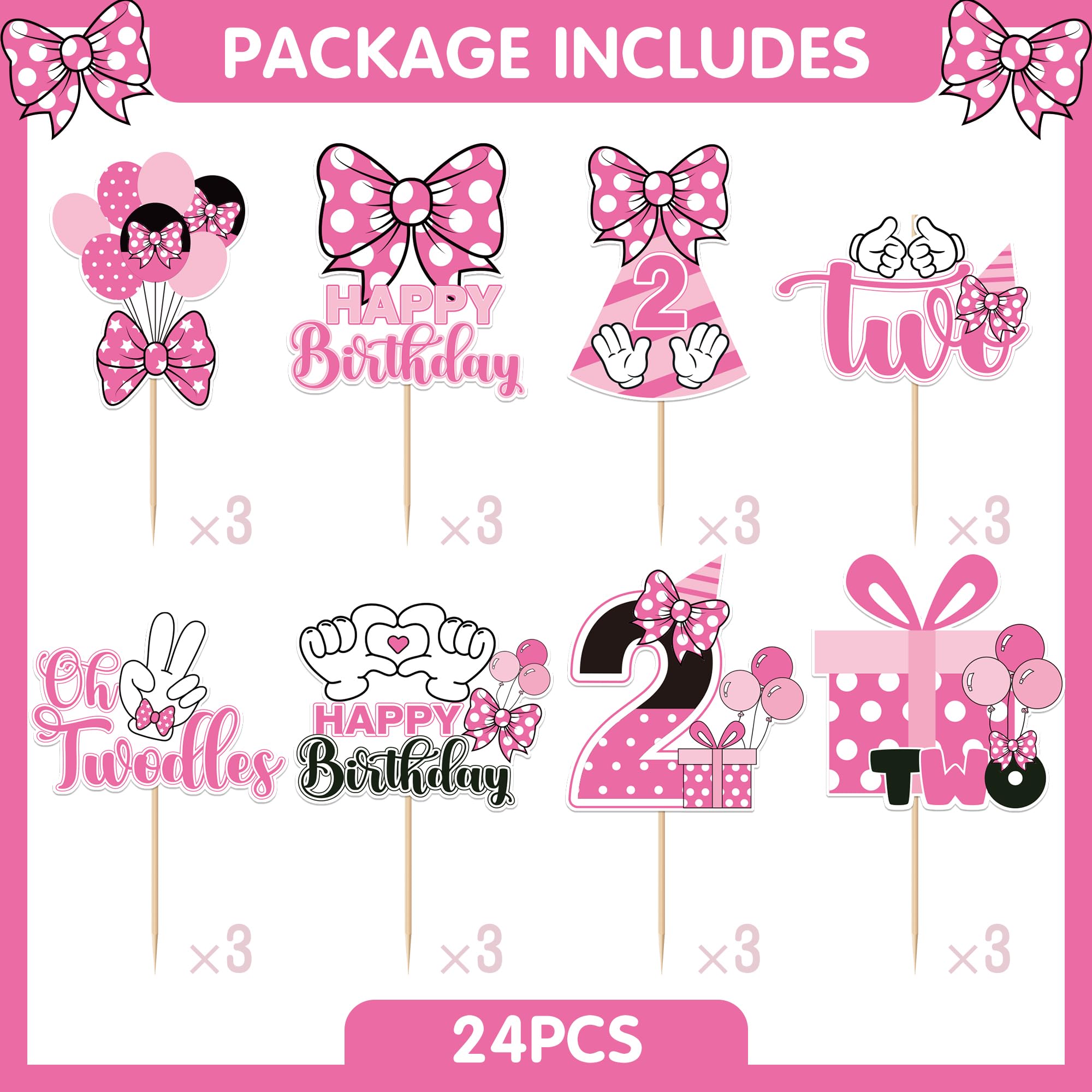 24-Piece Pink & White Mouse Cupcake Toppers for 2nd Birthday Party - iPartyGo