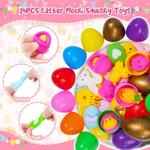 24 Prefilled Easter Eggs with Mochi Squishy Toys – EUOCENK Easter Basket Stuffers for Kids, Classroom Prizes, Egg Hunts