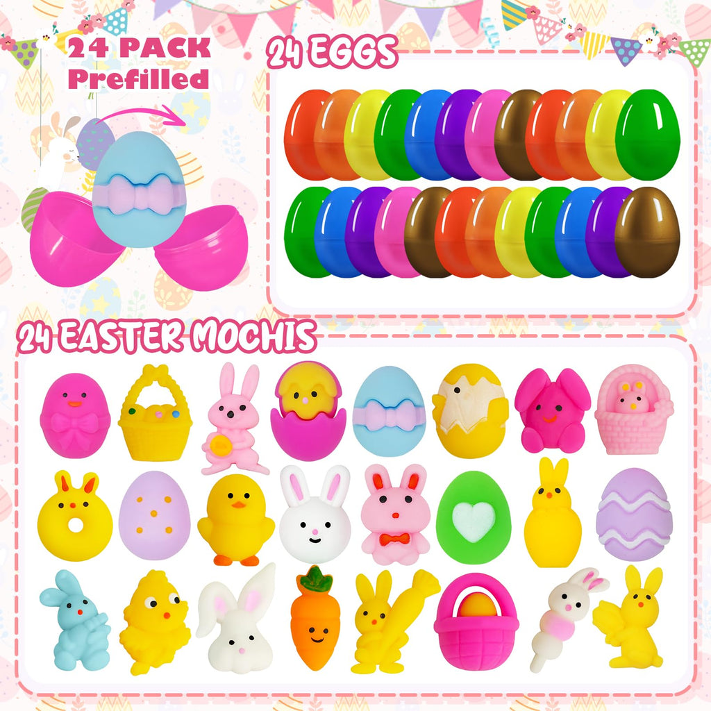 24 Prefilled Easter Eggs with Mochi Squishy Toys – EUOCENK Easter Basket Stuffers for Kids, Classroom Prizes, Egg Hunts