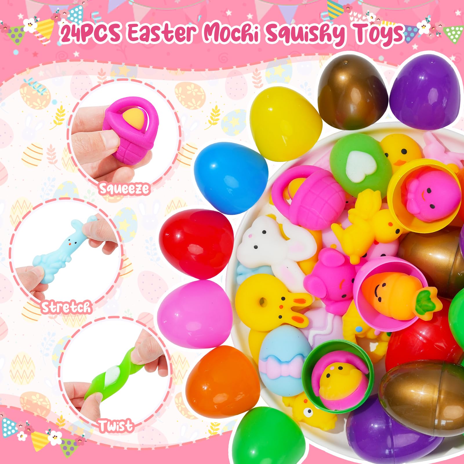 24 Prefilled Easter Eggs with Mochi Squishy Toys – EUOCENK Easter Basket Stuffers for Kids, Classroom Prizes, Egg Hunts