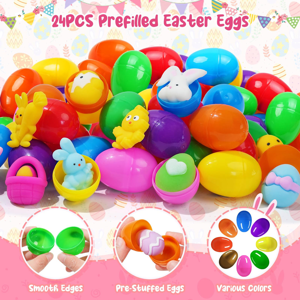 24 Prefilled Easter Eggs with Mochi Squishy Toys – EUOCENK Easter Basket Stuffers for Kids, Classroom Prizes, Egg Hunts