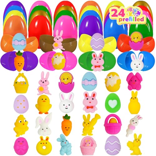 24 Prefilled Easter Eggs with Mochi Squishy Toys – EUOCENK Easter Basket Stuffers for Kids, Classroom Prizes, Egg Hunts