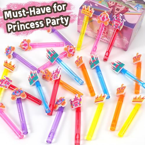24 Princess Bubble Wands for Party Favors – Bulk Set of 24 Wands in 6 Colors