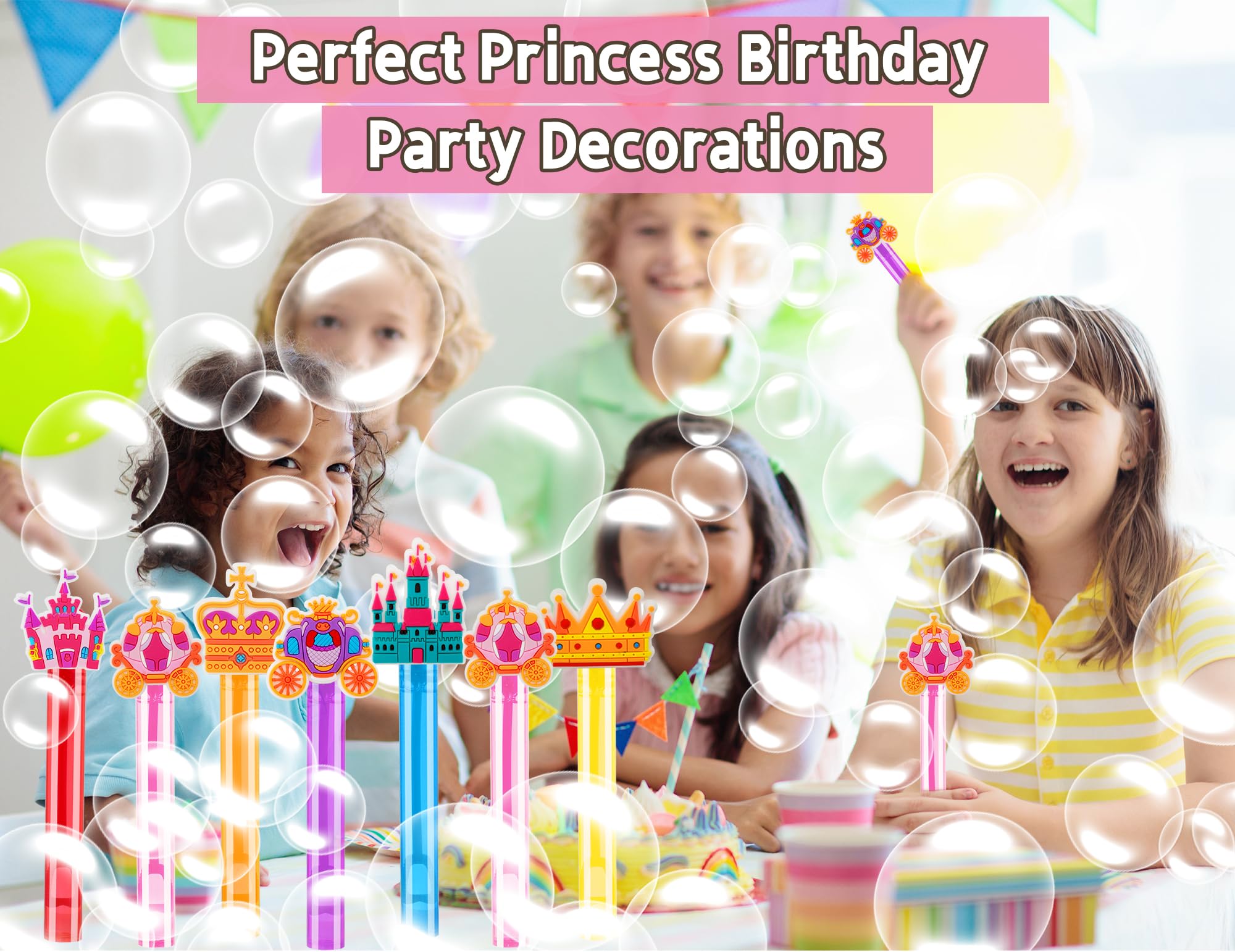 24 Princess Bubble Wands for Party Favors – Bulk Set of 24 Wands in 6 Colors