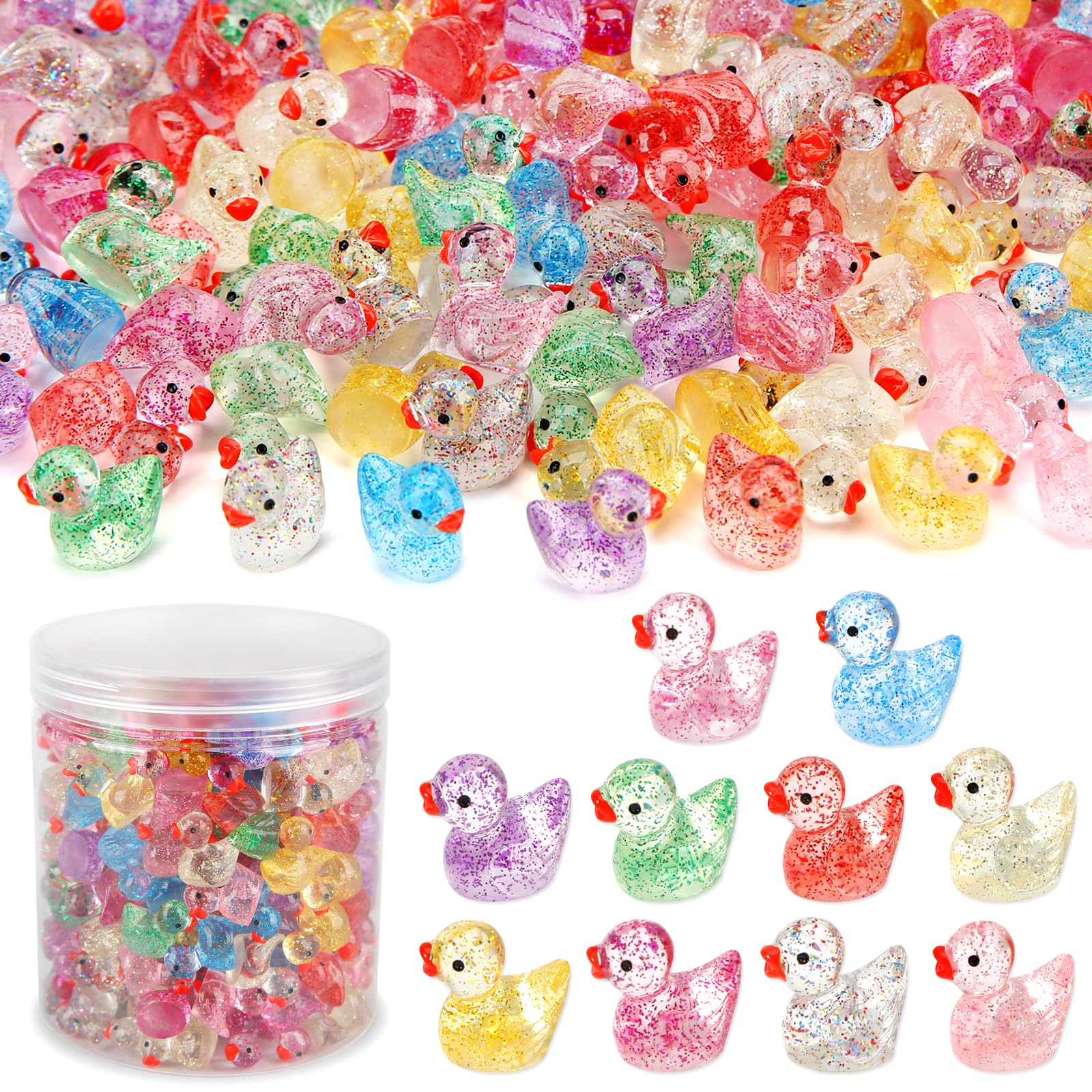 240 Glitter Mini Resin Ducks – Colorful Tiny Plastic Figures for Hiding, Crafts, and Miniature Scenes