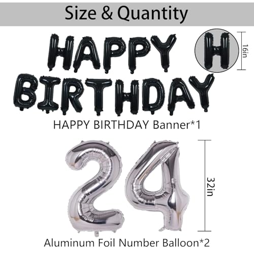 24th Birthday Decorations Kit Black Silver - Happy 24 Banner, Foil Numbers, Balloons Set