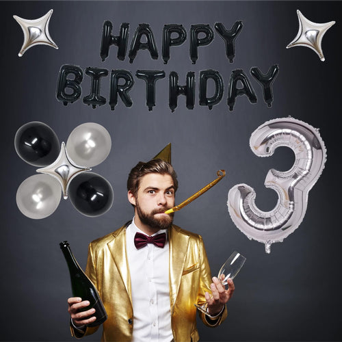 24th Birthday Decorations Kit Black Silver - Happy 24 Banner, Foil Numbers, Balloons Set