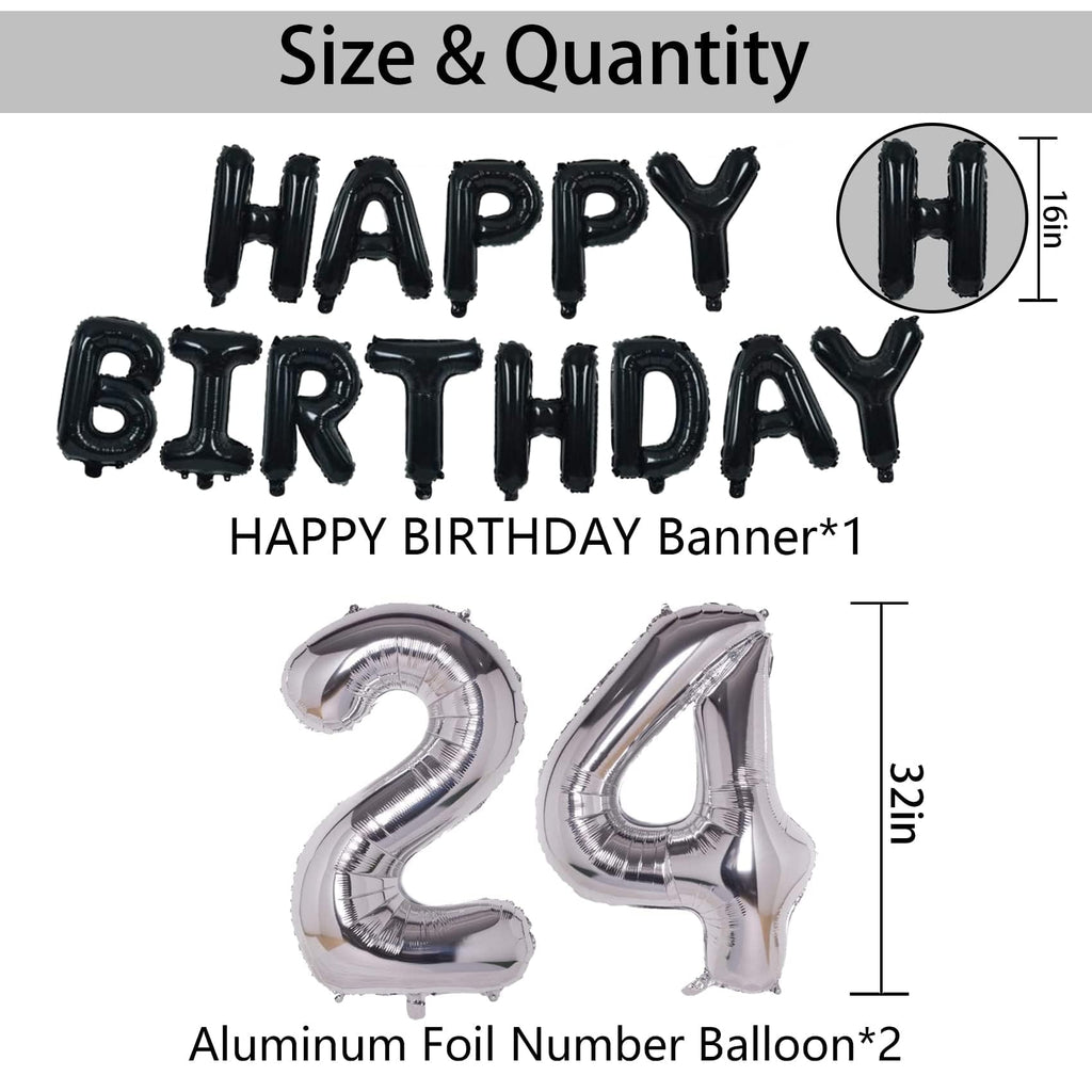 24th Birthday Decorations Kit Black Silver - Happy 24 Banner, Foil Numbers, Balloons Set