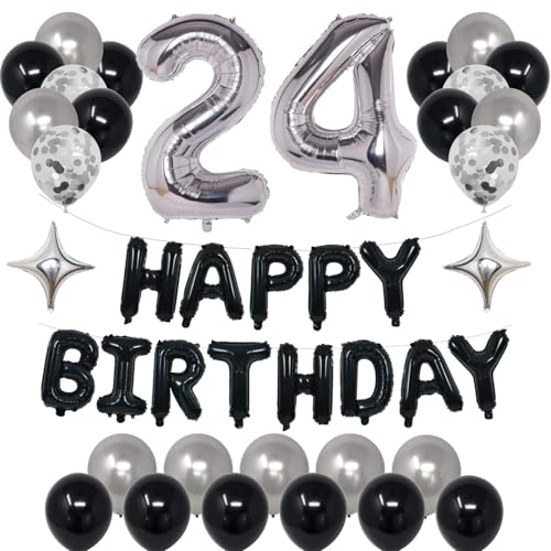 24th Birthday Decorations Kit Black Silver - Happy 24 Banner, Foil Numbers, Balloons Set