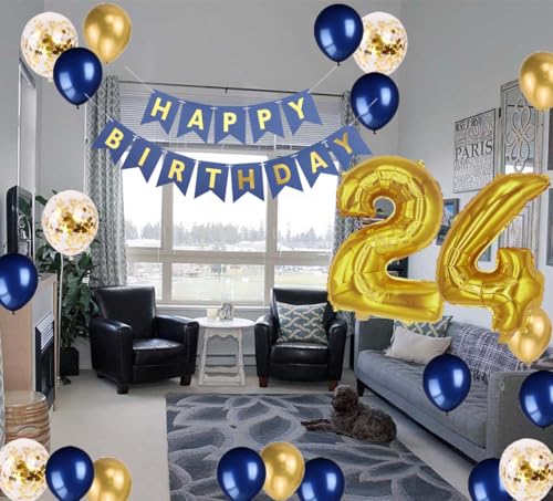 24th Birthday Party Decorations Kit - Blue & Gold Banner, Foil Number 24, Confetti Balloons for Men or Women