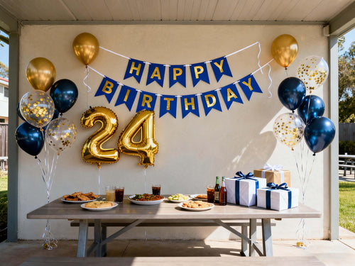 24th Birthday Party Decorations Kit - Blue & Gold Banner, Foil Number 24, Confetti Balloons for Men or Women