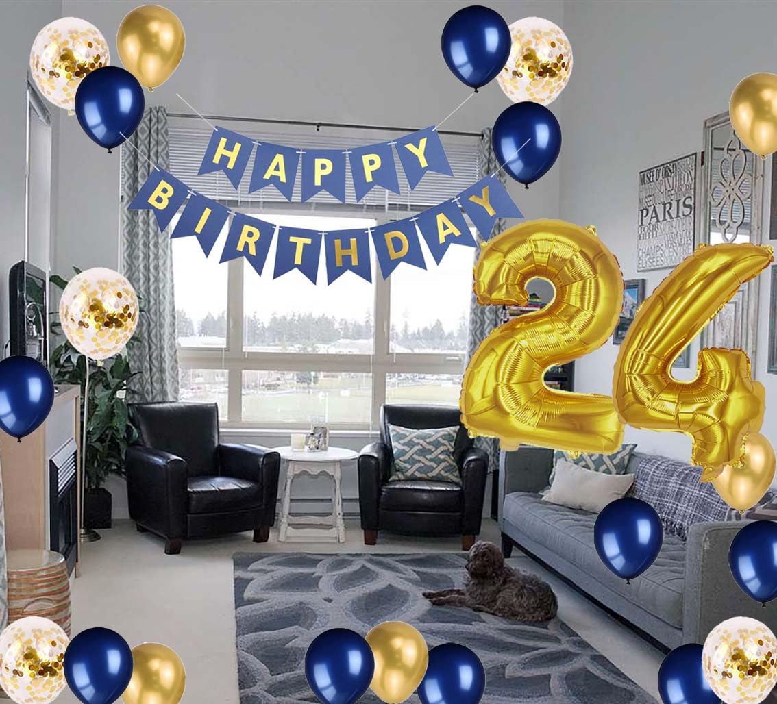 24th Birthday Party Decorations Kit - Blue & Gold Banner, Foil Number 24, Confetti Balloons for Men or Women