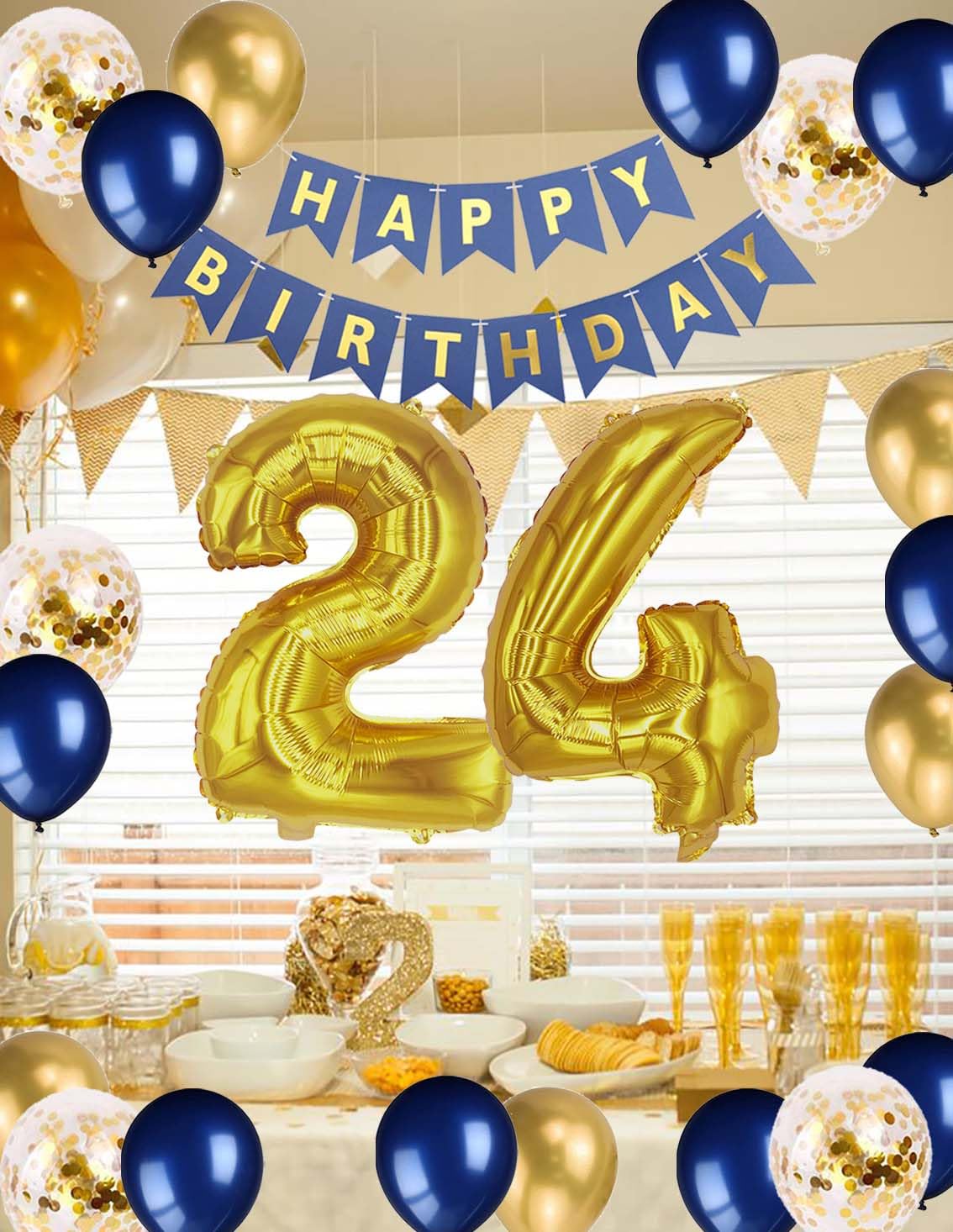 24th Birthday Party Decorations Kit - Blue & Gold Banner, Foil Number 24, Confetti Balloons for Men or Women