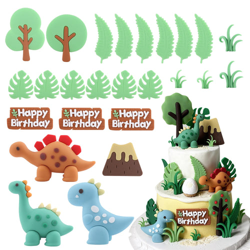 25-Piece Dinosaur Cake Topper Set with Trees, Leaves, and Volcano for Jungle Birthday Parties