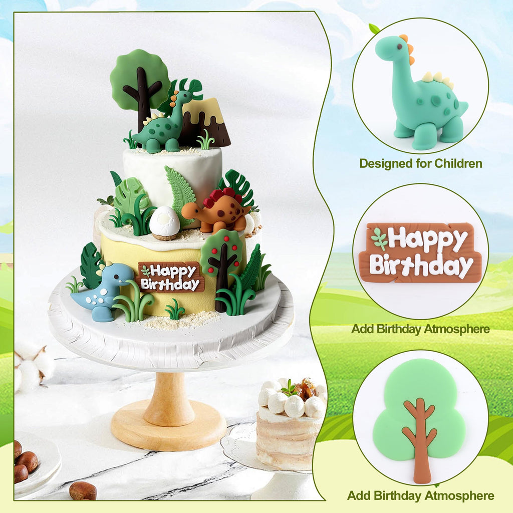 25-Piece Dinosaur Cake Topper Set with Trees, Leaves, and Volcano for Jungle Birthday Parties