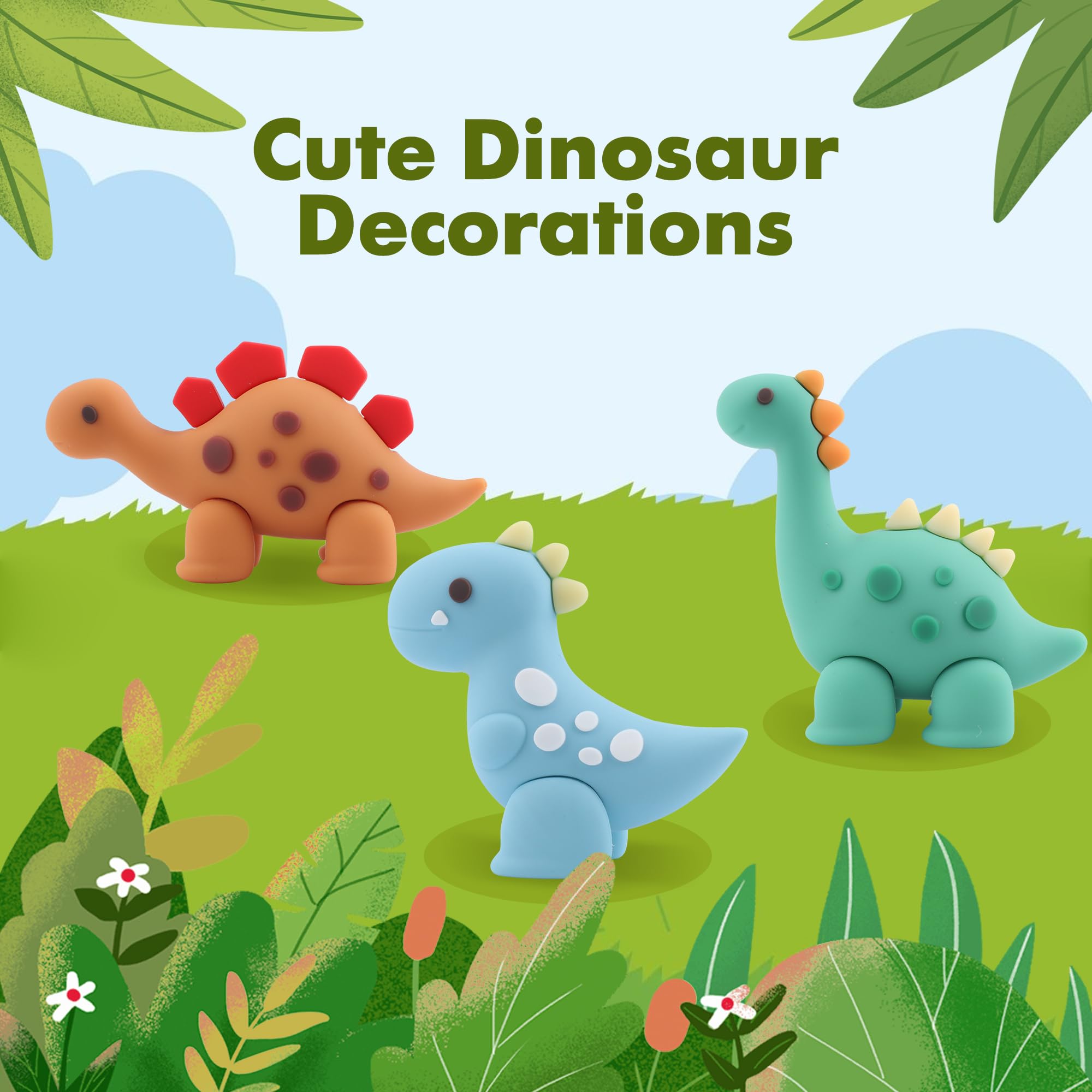 25-Piece Dinosaur Cake Topper Set with Trees, Leaves, and Volcano for Jungle Birthday Parties
