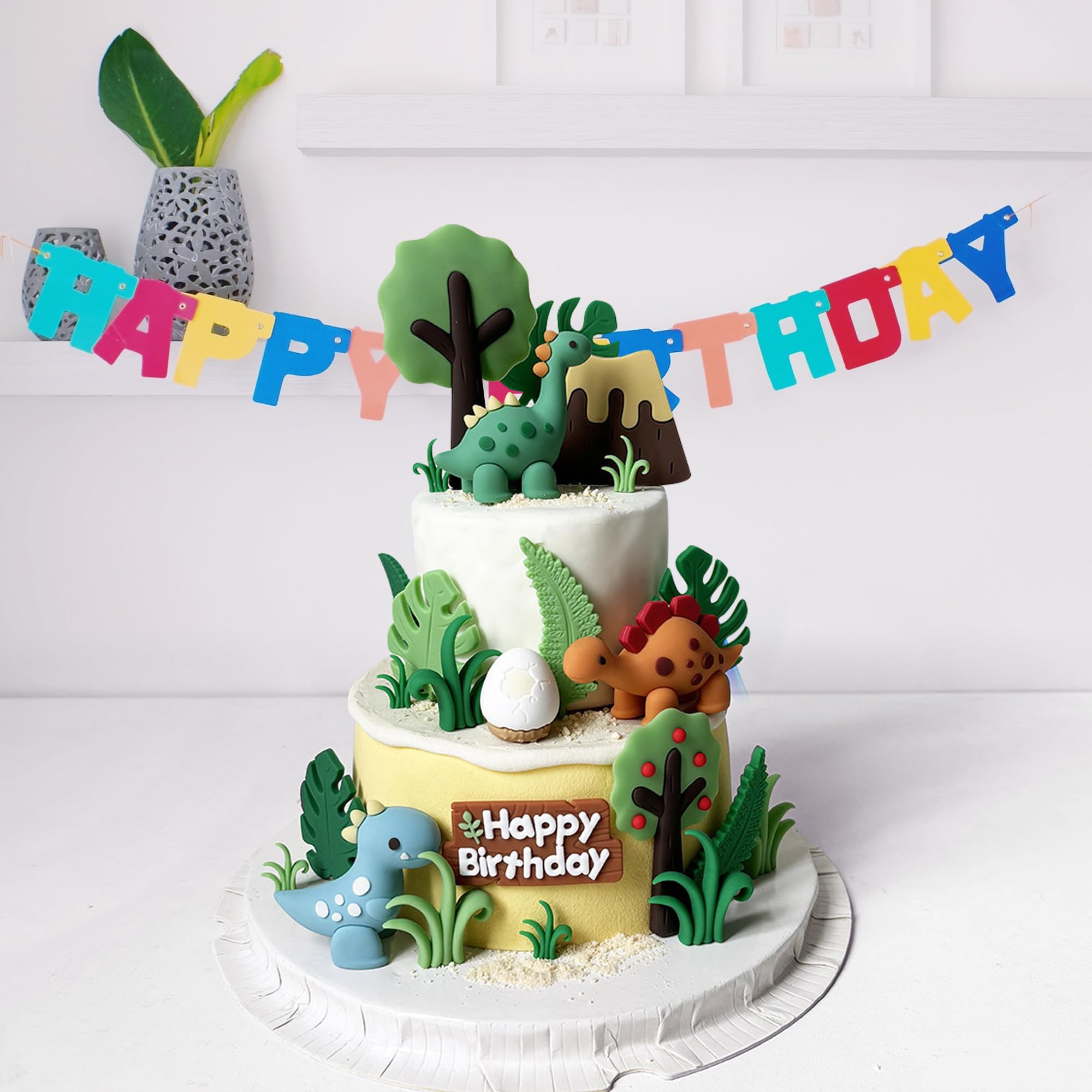 25-Piece Dinosaur Cake Topper Set with Trees, Leaves, and Volcano for Jungle Birthday Parties