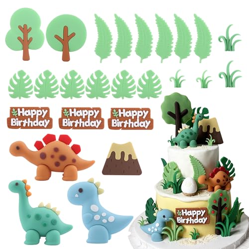 25-Piece Dinosaur Cake Topper Set with Trees, Leaves, and Volcano for Jungle Birthday Parties