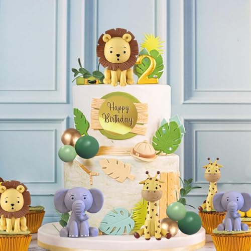 25-Piece Safari Animal Cake Toppers Set with Jungle Animals, Green Balls, and Palm Leaves for Wild Animal Themed Birthday Parties