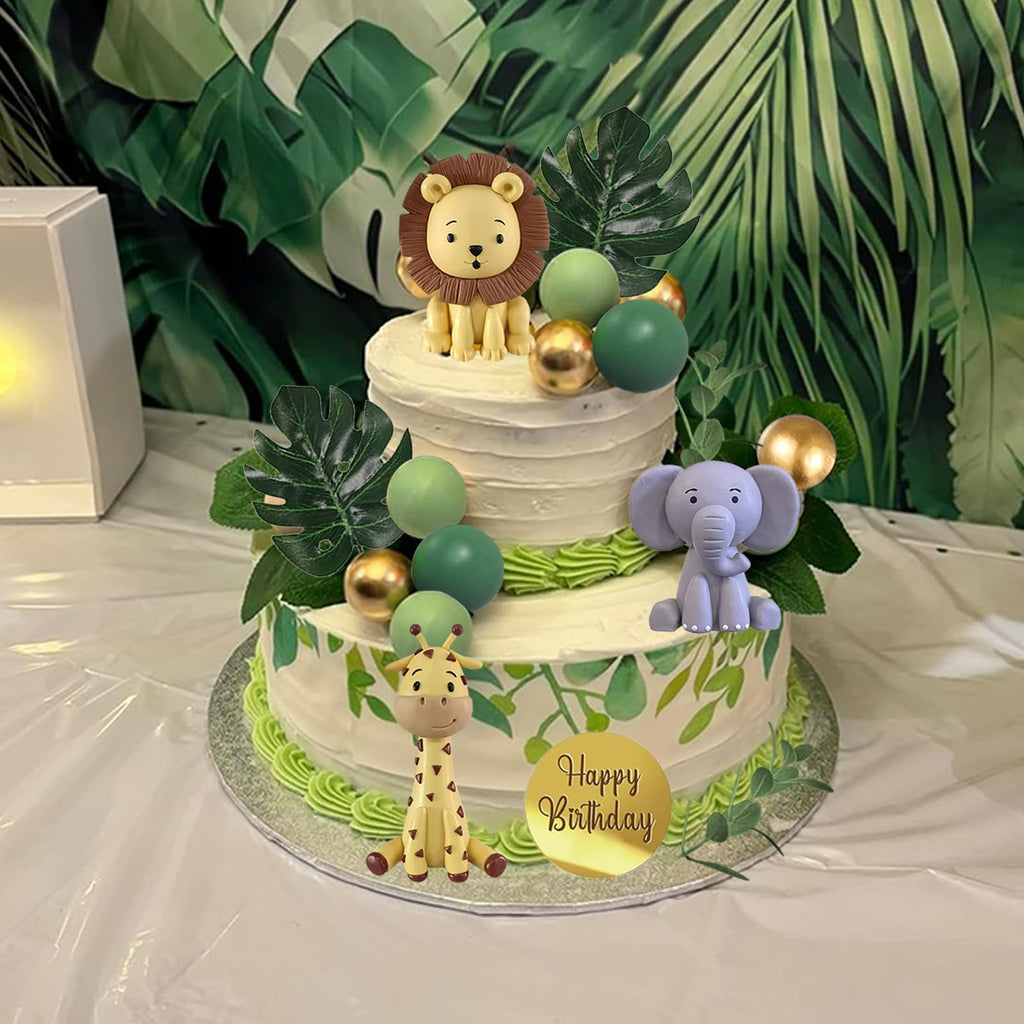 25-Piece Safari Animal Cake Toppers Set with Jungle Animals, Green Balls, and Palm Leaves for Wild Animal Themed Birthday Parties