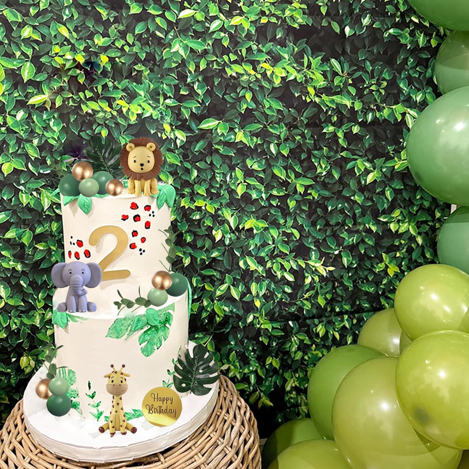 25-Piece Safari Animal Cake Toppers Set with Jungle Animals, Green Balls, and Palm Leaves for Wild Animal Themed Birthday Parties