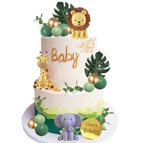 25-Piece Safari Animal Cake Toppers Set with Jungle Animals, Green Balls, and Palm Leaves for Wild Animal Themed Birthday Parties