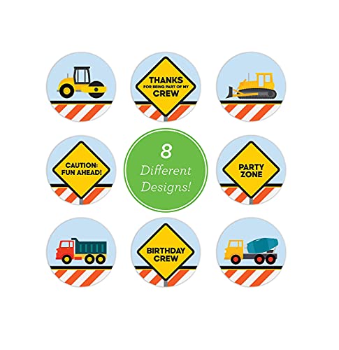 250 Construction Birthday Stickers – 2 Inch Round, 8 Truck Designs, Permanent Adhesive