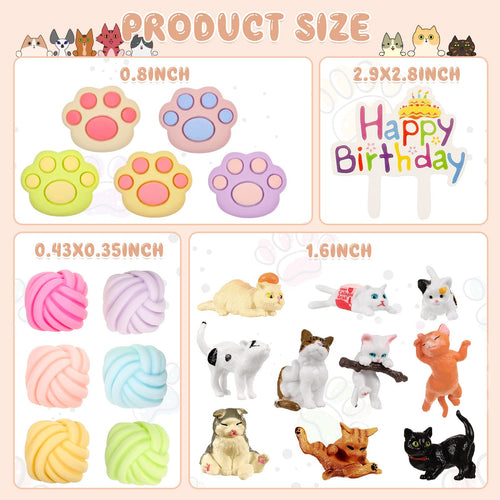 26-Piece Cat Cake Topper Set - Cute Cat Figurines, Paw & Wool Ball Toppers for Birthday Party Decor