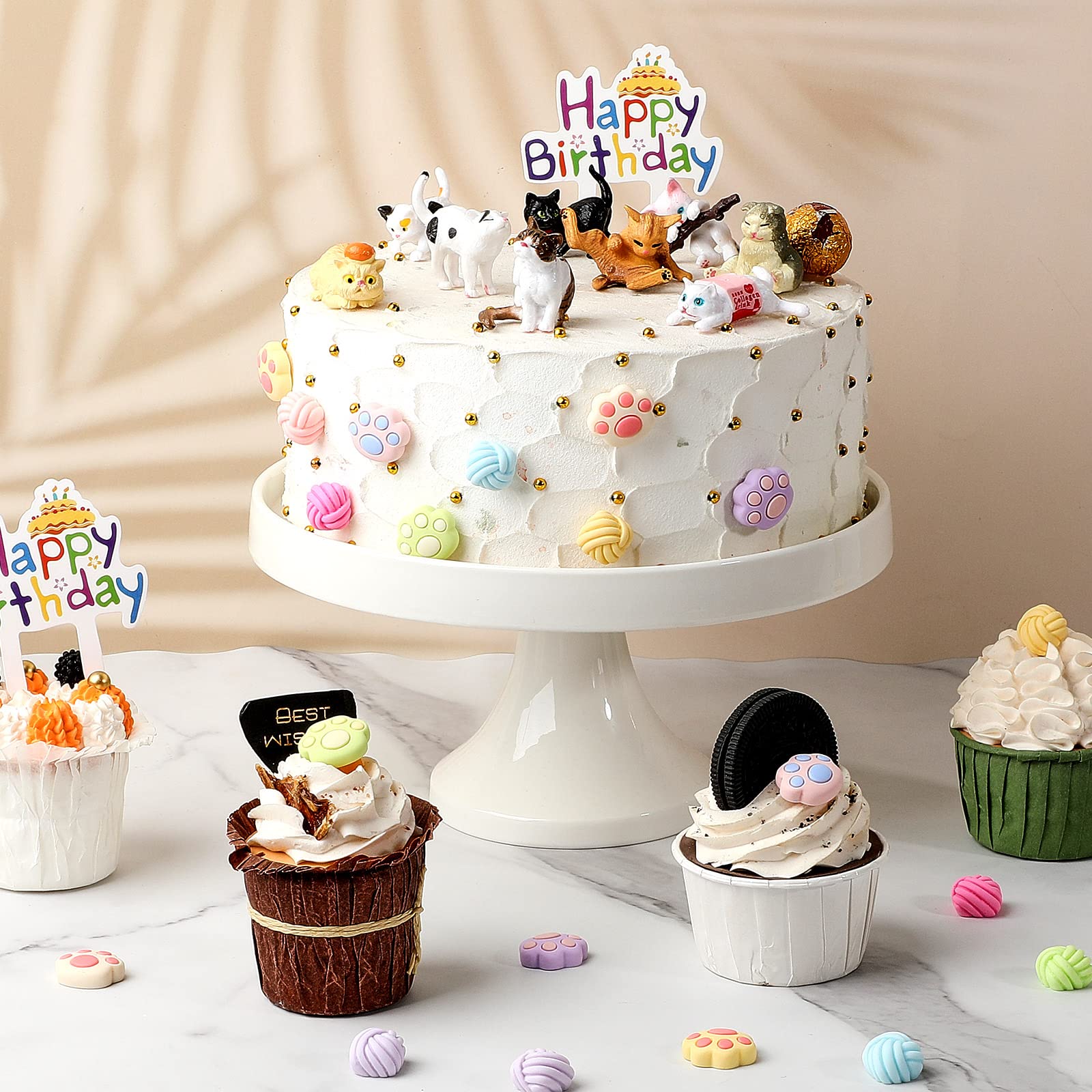 26-Piece Cat Cake Topper Set - Cute Cat Figurines, Paw & Wool Ball Toppers for Birthday Party Decor