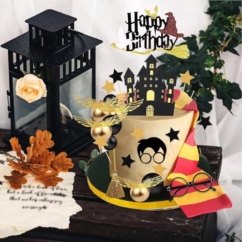 26-Piece Wizard Birthday Cake Topper Set with Castle, Stars, Glasses and Broom