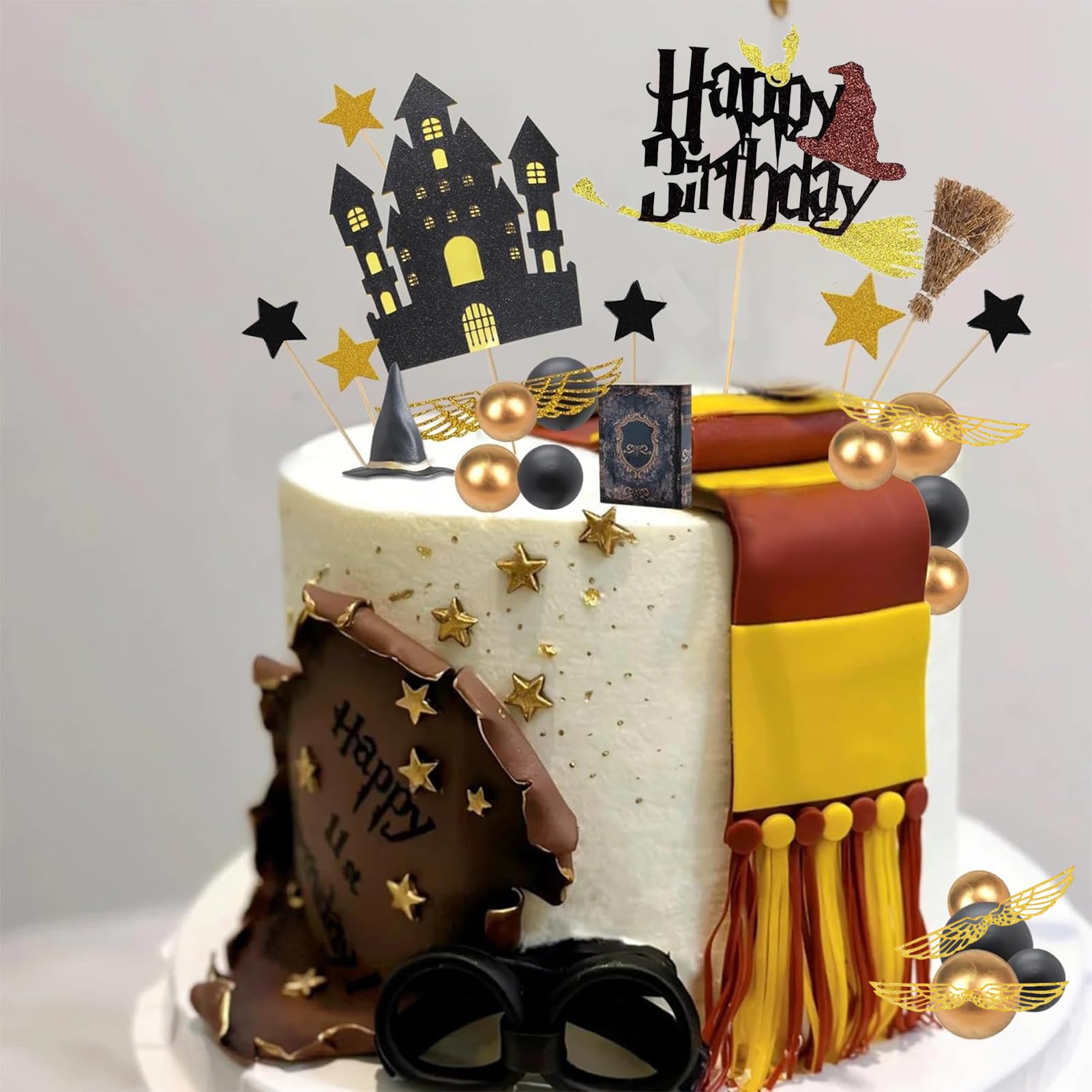 26-Piece Wizard Birthday Cake Topper Set with Castle, Stars, Glasses and Broom