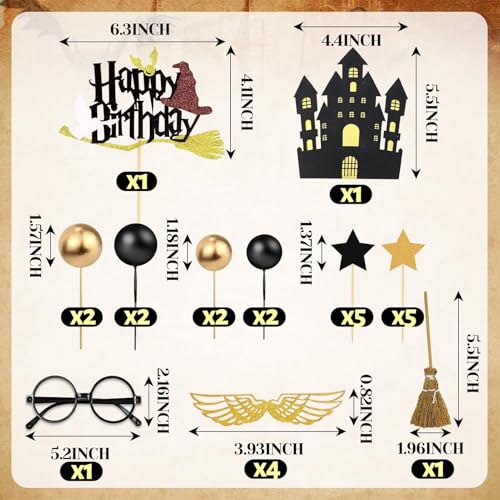 26-Piece Wizard Birthday Cake Topper Set with Castle, Stars, Glasses and Broom