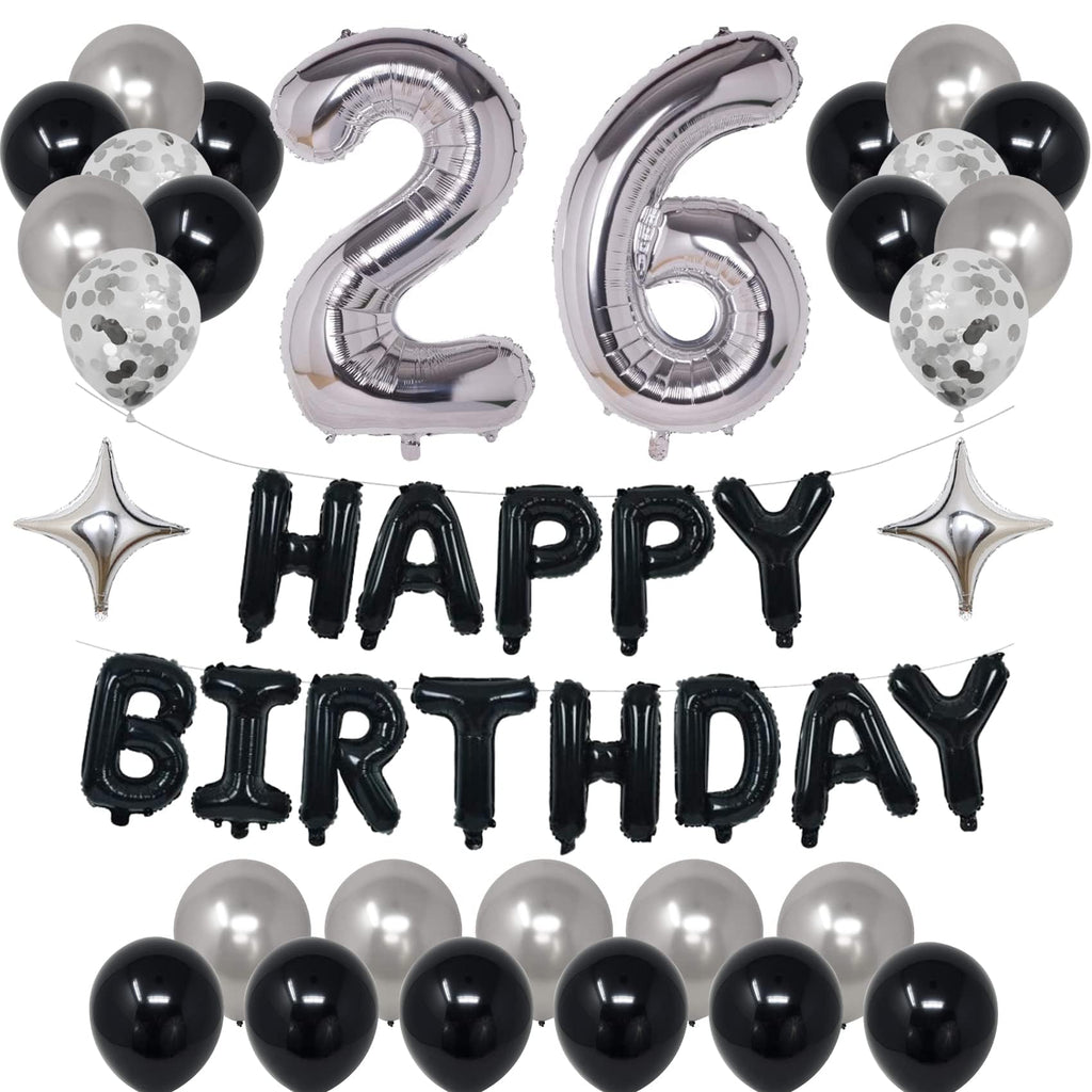 26th Birthday Decorations Kit – Black & Silver with Banner, Foil Stars, and Confetti Balloons