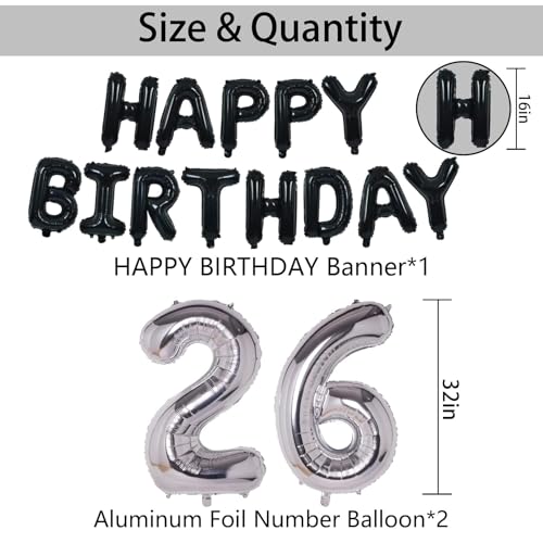 26th Birthday Decorations Kit – Black & Silver with Banner, Foil Stars, and Confetti Balloons