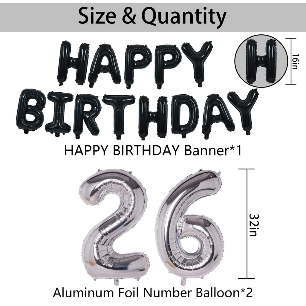 26th Birthday Decorations Kit – Black & Silver with Banner, Foil Stars, and Confetti Balloons