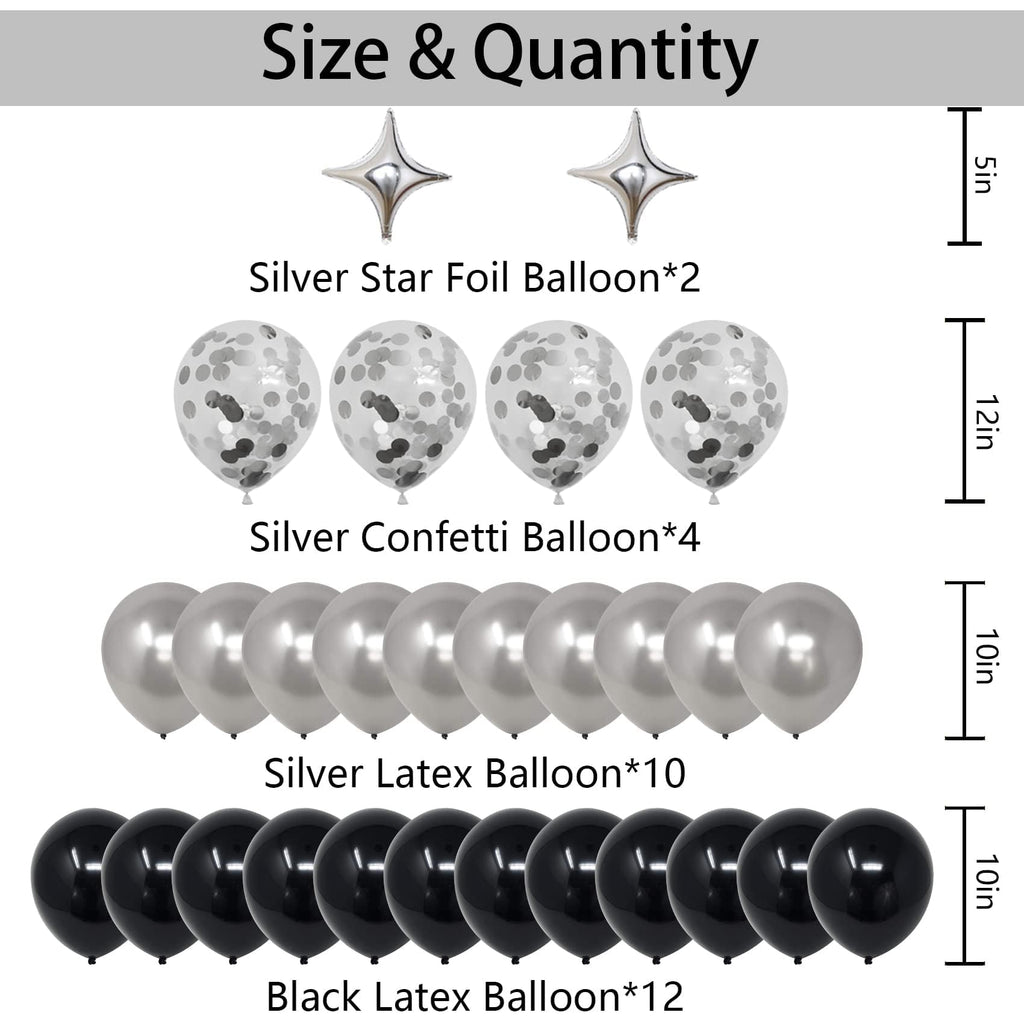26th Birthday Decorations Kit – Black & Silver with Banner, Foil Stars, and Confetti Balloons