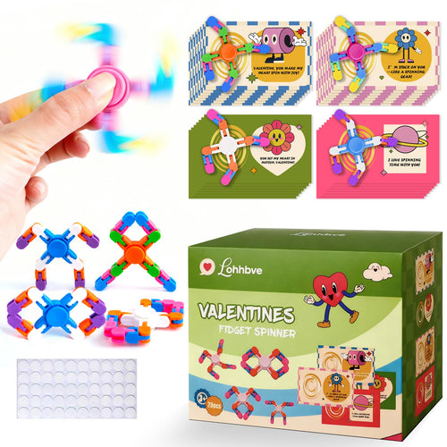 28 Pack Transformable Fidget Spinner Chains for Kids Valentine's Day Classroom Gifts with Cards