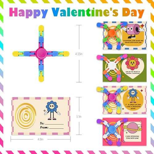 28 Pack Transformable Fidget Spinner Chains for Kids Valentine's Day Classroom Gifts with Cards