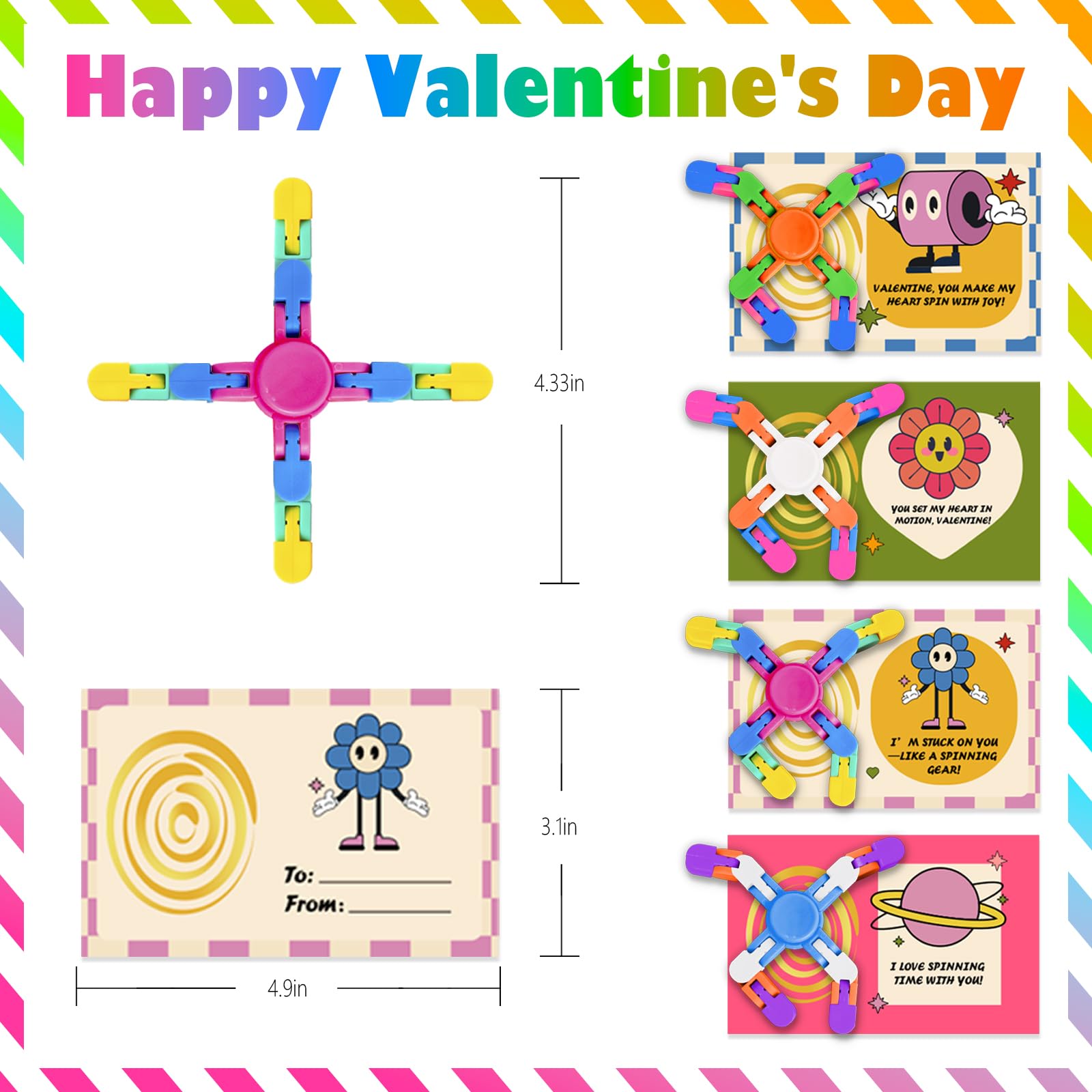 28 Pack Transformable Fidget Spinner Chains for Kids Valentine's Day Classroom Gifts with Cards