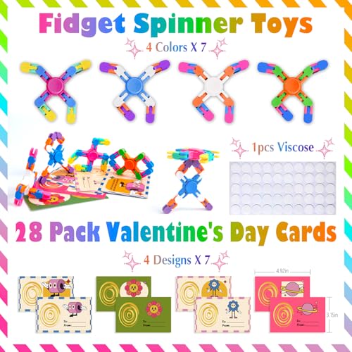 28 Pack Transformable Fidget Spinner Chains for Kids Valentine's Day Classroom Gifts with Cards