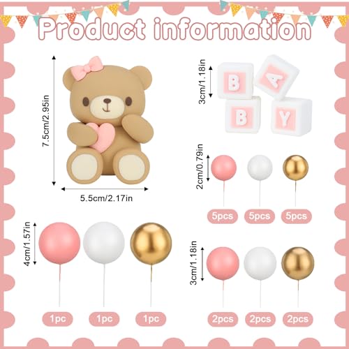 29-Piece Bear Cake Topper Set with BABY Letters and Foam Balls - Pink Gold White Baby Shower Cake Decorations