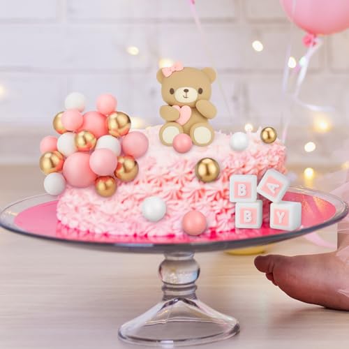 29-Piece Bear Cake Topper Set with BABY Letters and Foam Balls - Pink Gold White Baby Shower Cake Decorations