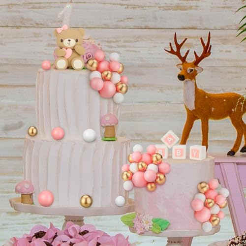 29-Piece Bear Cake Topper Set with BABY Letters and Foam Balls - Pink Gold White Baby Shower Cake Decorations