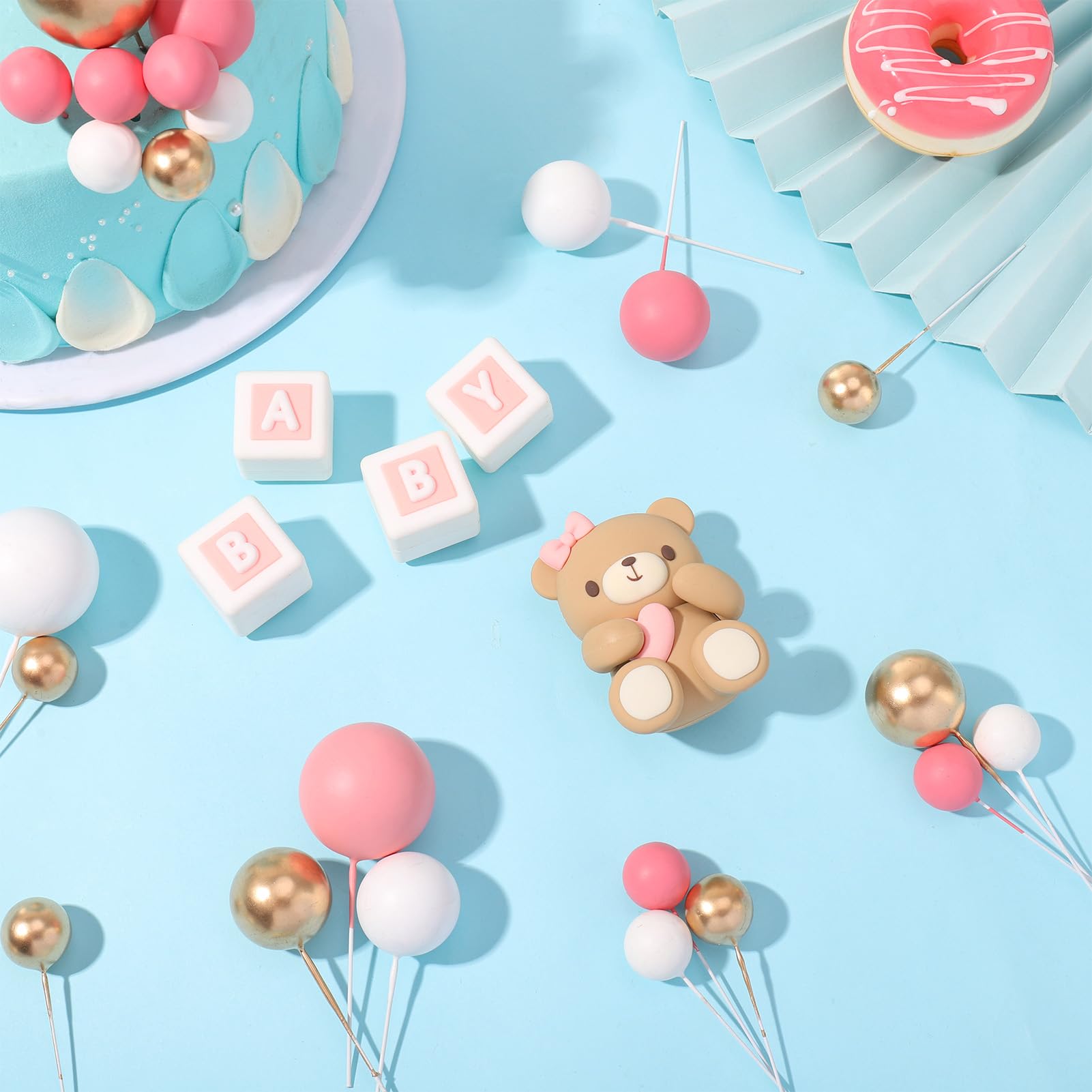29-Piece Bear Cake Topper Set with BABY Letters and Foam Balls - Pink Gold White Baby Shower Cake Decorations