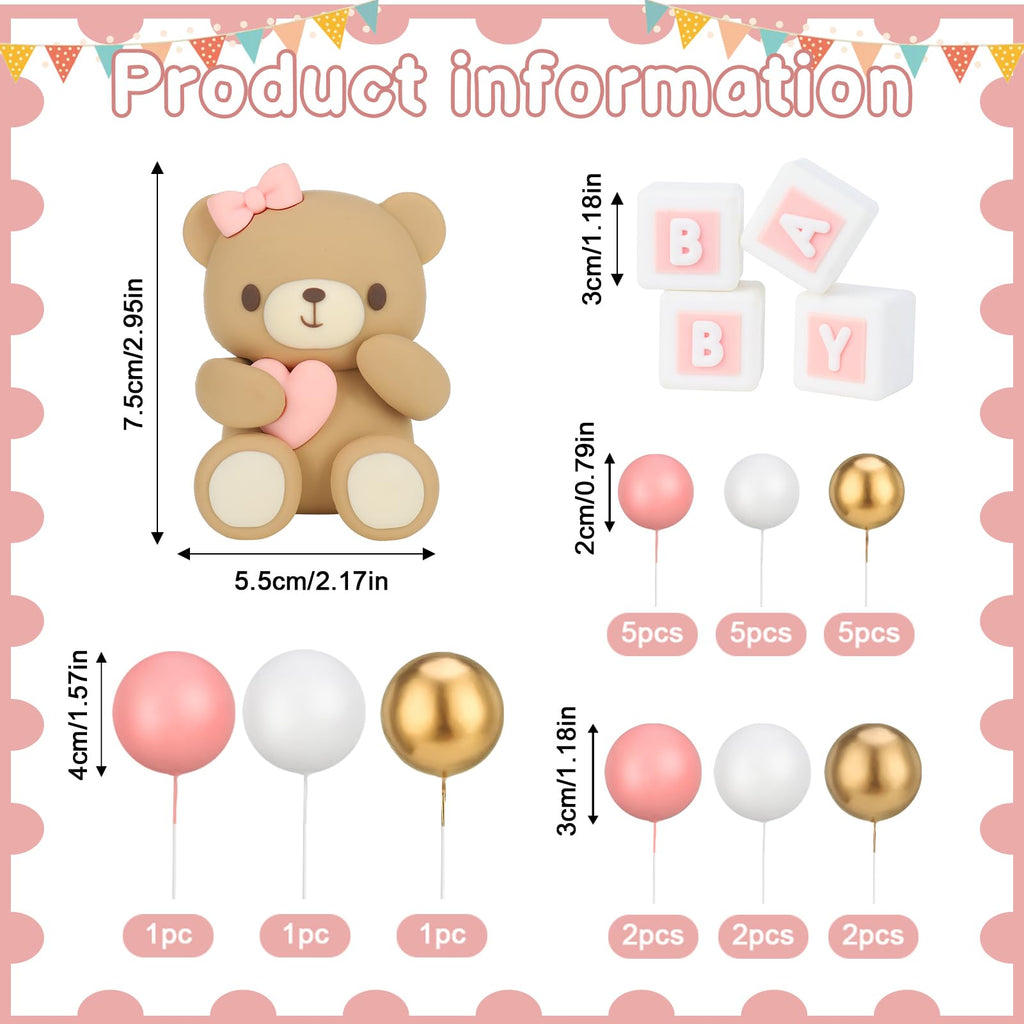 29-Piece Bear Cake Topper Set with BABY Letters and Foam Balls - Pink Gold White Baby Shower Cake Decorations