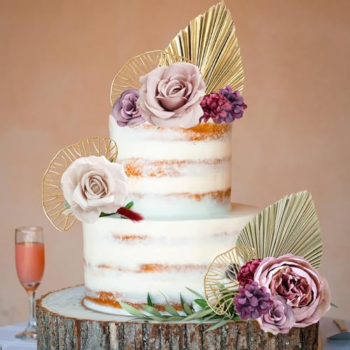 29-Piece Boho Cake Topper Set with Palm Leaves, Burgundy Red Flowers, and Balls for Bohemian Weddings, Baby Showers, Birthday Parties